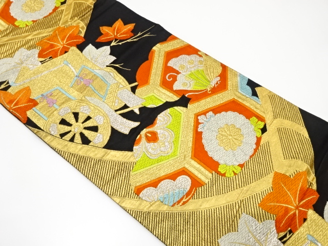 アンティーク　御簾に御所車・花・蝶模様織り出し袋帯（着用可）